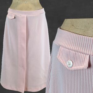 VINTAGE candy stripe pastel pink ticking midi skirt textured‎ button pocket 70s